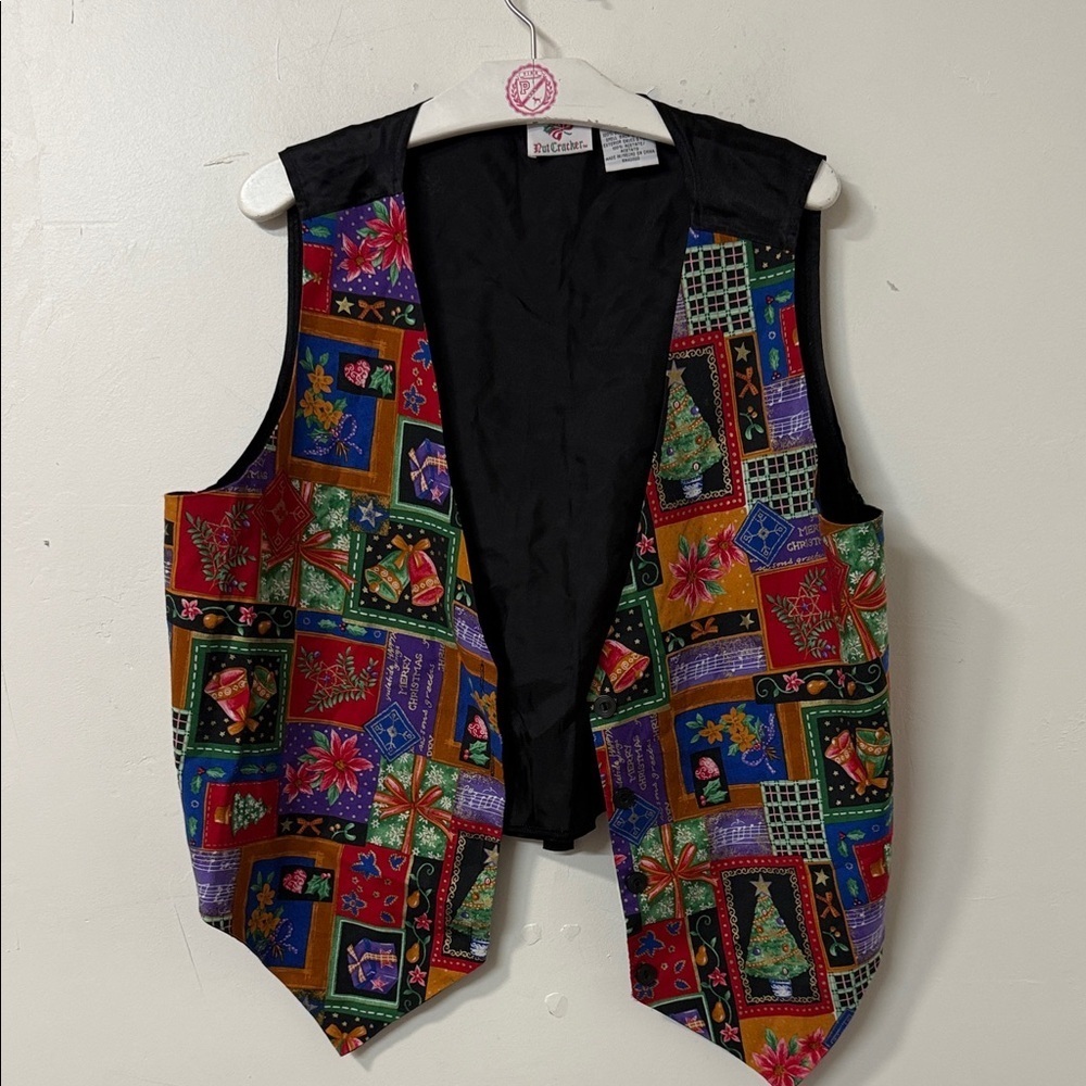 Colorful Patchwork Holiday Vest with Tree Motifs 1990’s